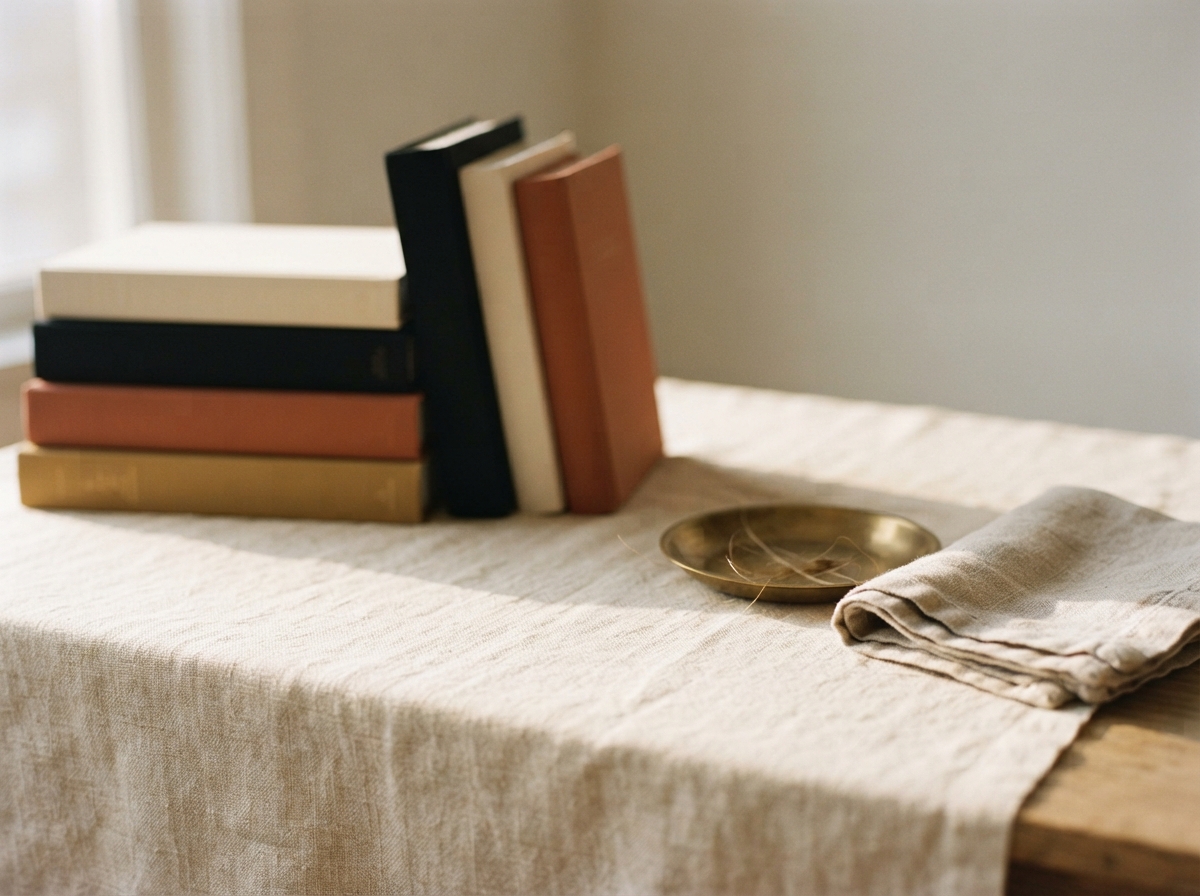 Still life of stacked and upright books, a brass dish, and a folded linen napkin on a cloth-covered wooden table.