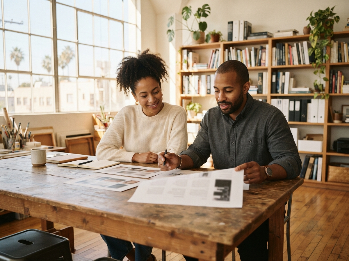 Two coworkers review printed documents together at a sunlit wooden table in a plant-filled office.