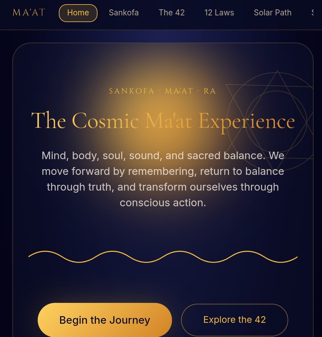 Dark navy and gold webpage for The Cosmic Maat Experience with central title, text, geometric lines, and buttons.