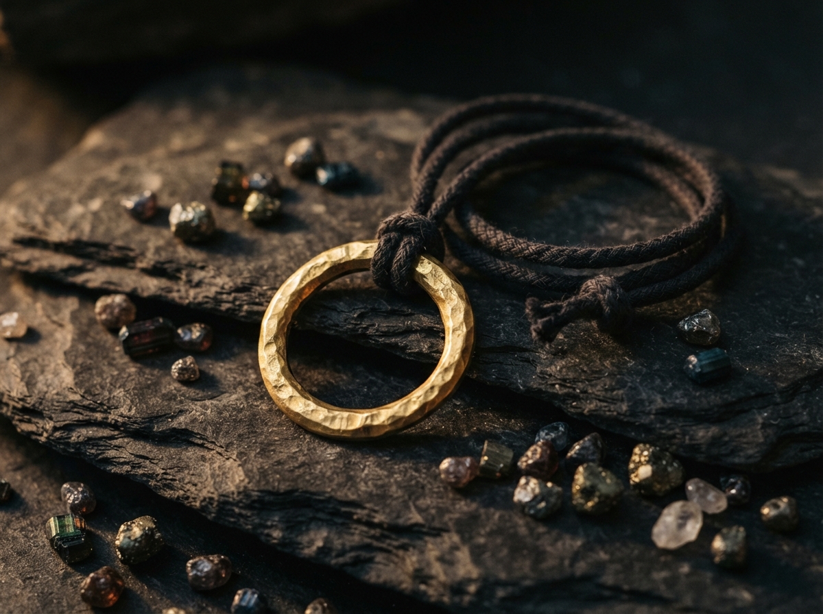 Hammered gold circular pendant on a dark braided cord, surrounded by scattered stones on rough slate.