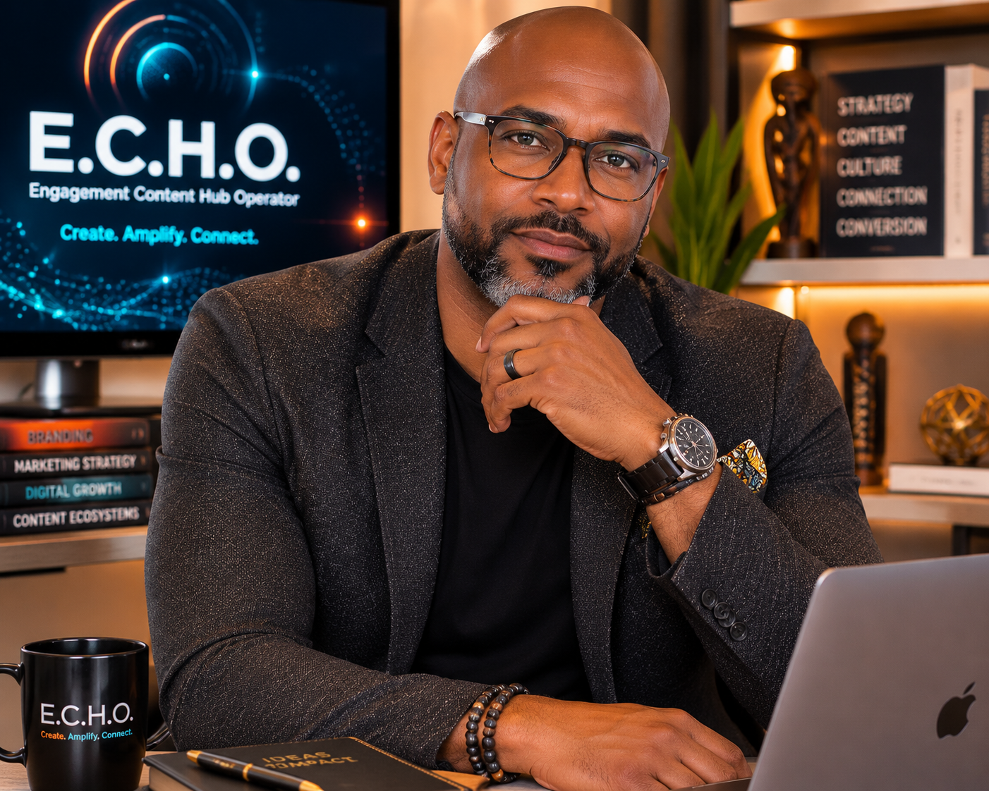 Bald man in glasses at a desk with an Apple laptop, branded monitor, mug, books, and office shelves.
