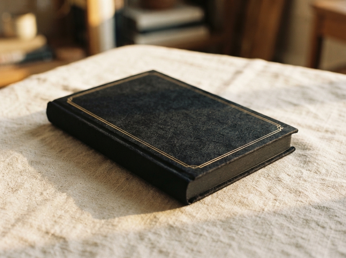 Closed black book with a gold border lying on textured beige cloth in a warmly lit room.
